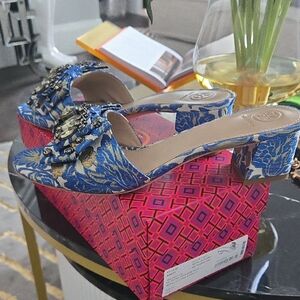 Tory Burch Valentina Blue and Gold Embellished Mules